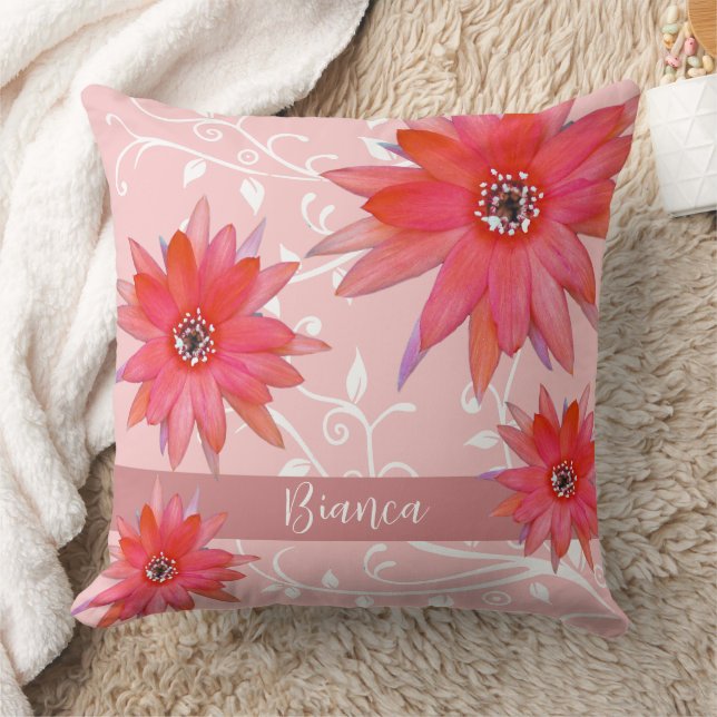 Whimsical Red Flowers Swirly Leaves Add Name Pink Cushion (Blanket)