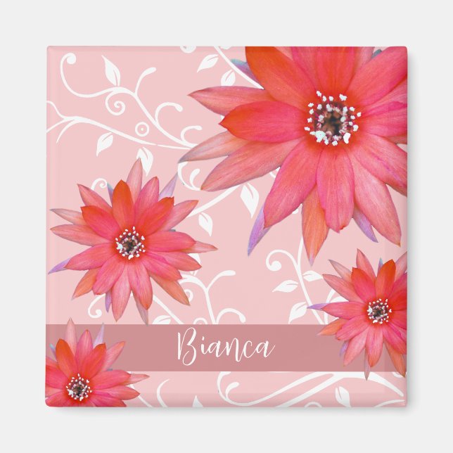 Whimsical Red Flowers Swirly Leaves Add Name Pink Magnet (Front)