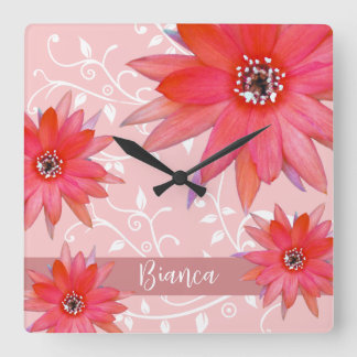 Whimsical Red Flowers Swirly Leaves Add Name Pink Square Wall Clock