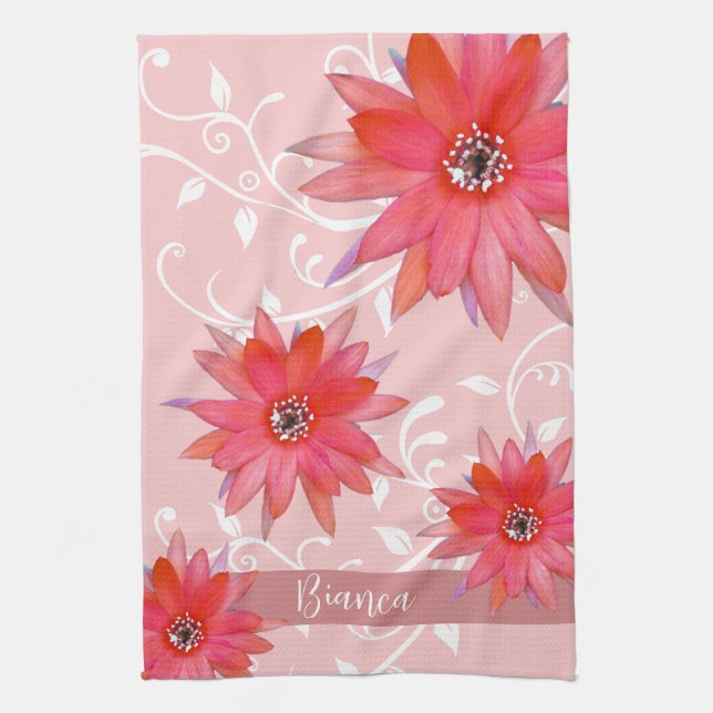 Whimsical Red Flowers Swirly Leaves Add Name Pink Tea Towel (Vertical)