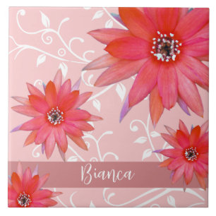 Whimsical Red Flowers Swirly Leaves Add Name Pink Tile