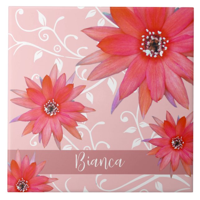 Whimsical Red Flowers Swirly Leaves Add Name Pink Tile (Front)