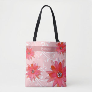 Whimsical Red Flowers Swirly Leaves Add Name Pink Tote Bag
