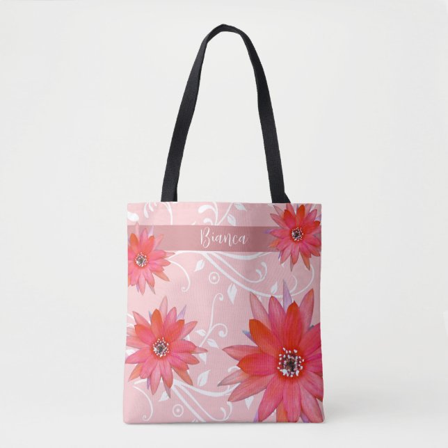 Whimsical Red Flowers Swirly Leaves Add Name Pink Tote Bag (Front)
