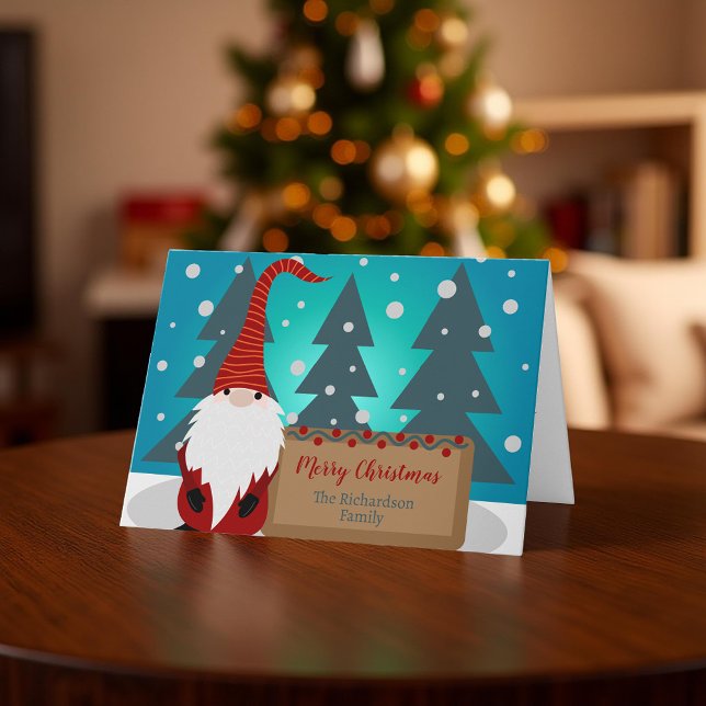 Whimsical Red Gnome Snowy Winter Forest Christmas Card (Creator Uploaded)