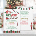 Whimsical Red Green Santa Reindee Christmas Party<br><div class="desc">Get ready to spread the cheer with this whimsical “Let’s Get Jolly” Christmas party invitation! Featuring Santa and his reindeer dashing across the top and festive nutcrackers, string lights, and gift boxes decorating the front and back, this lively card sets the tone for a joyful holiday gathering. The wording includes...</div>
