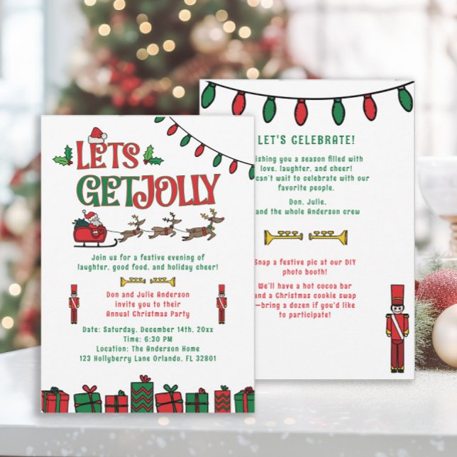 Whimsical Red Green Santa Reindee Christmas Party  (2-sided retro-style Christmas party invitation)