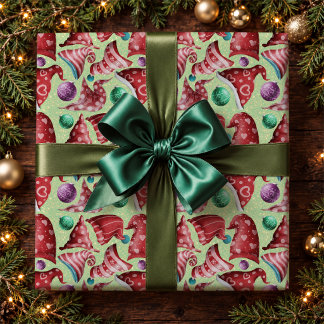 Whimsical Red Green Vintage Gnome Hats Pattern Wrapping Paper