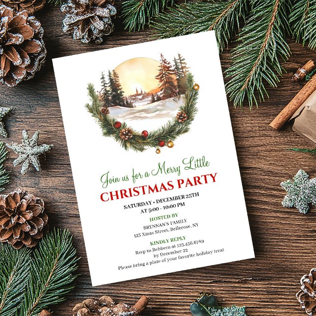 Whimsical Red Green Winter Scene Party Invitation (Whimsical Red Green Winter Scene Party Invitation)