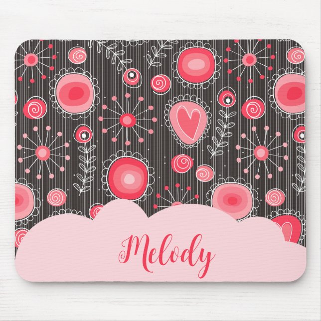 Whimsical red grey hearts and flowers floral name mouse pad (Front)