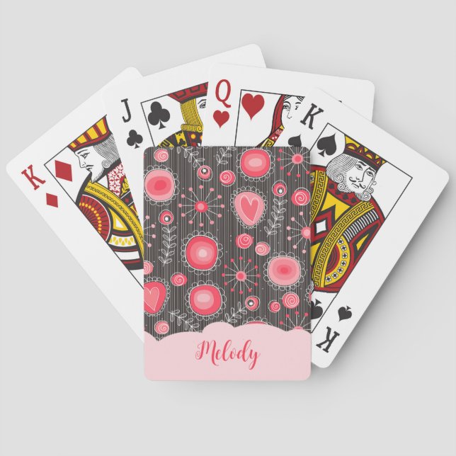 Whimsical red grey hearts and flowers floral name playing cards (Back)