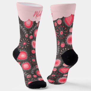 Whimsical red grey hearts and flowers floral name socks
