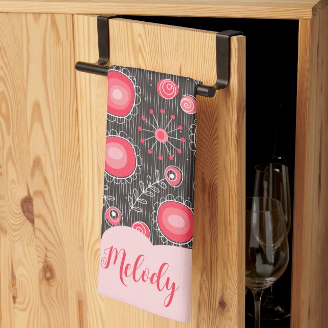 Whimsical red grey hearts and flowers floral name tea towel (Thirds Fold)