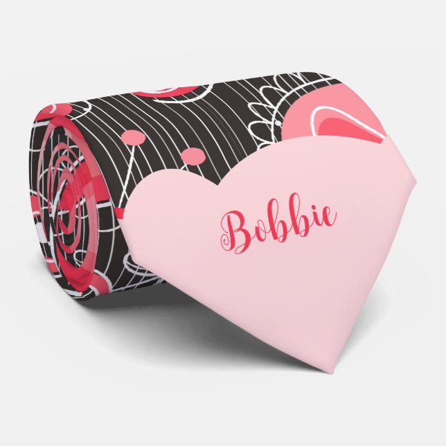 Whimsical red grey hearts and flowers floral name tie (Rolled)