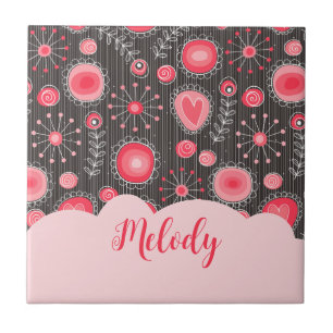 Whimsical red grey hearts and flowers floral name tile
