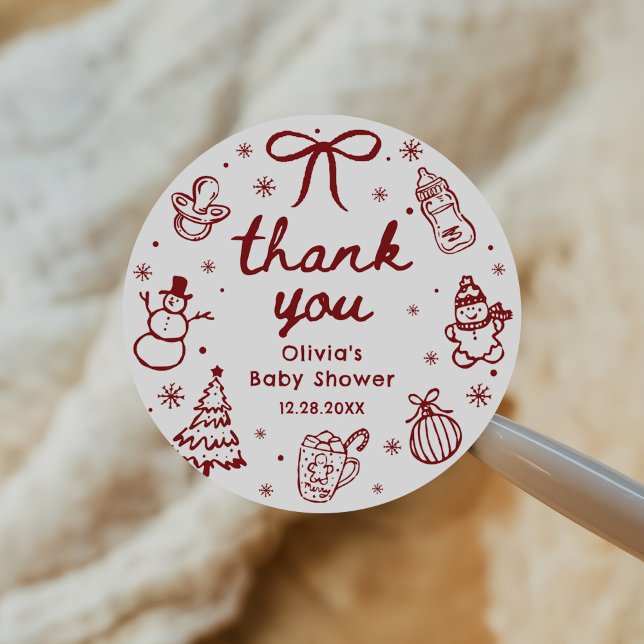 Whimsical Red Hand Drawn Christmas Baby Shower Classic Round Sticker (Creator Uploaded)