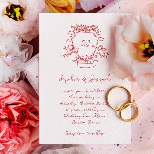 Whimsical Red Hand Drawn Crest Monogram Wedding Invitation