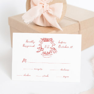 Whimsical Red Hand Drawn Crest Monogram Wedding RSVP Card