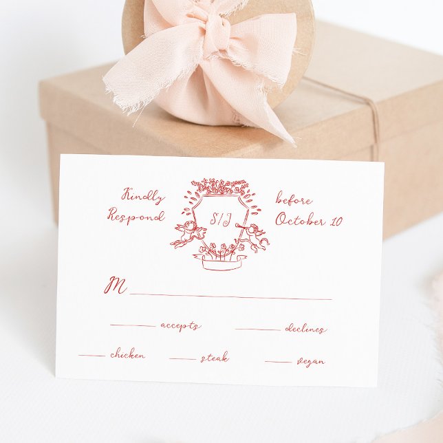 Whimsical Red Hand Drawn Crest Monogram | Wedding RSVP Card (Creator Uploaded)