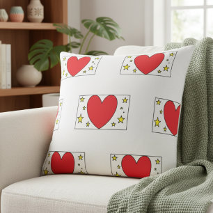 Whimsical Red Heart and Gold Stars Christmas Throw Cushion