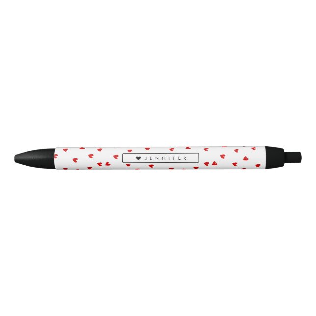 Whimsical Red Hearts Pattern Personalised Black Ink Pen (Front)