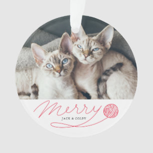 Whimsical Red Merry Script Cat Photo Ornament