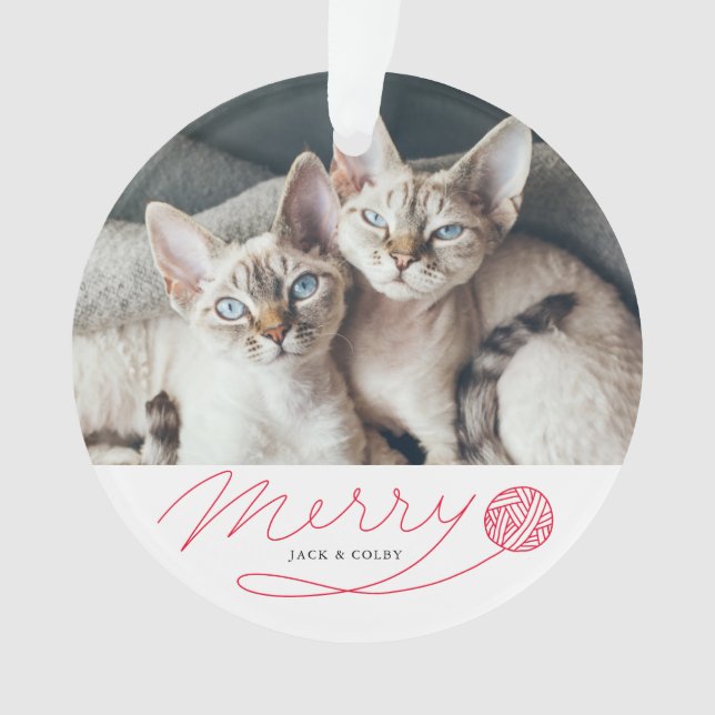 Whimsical Red Merry Script Cat Photo Ornament (Front)
