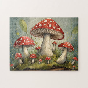 Whimsical Red Mushrooms Illustration Jigsaw Puzzle