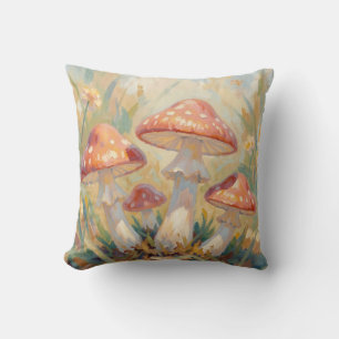 Whimsical Red Mushrooms Meadow Painting Cushion
