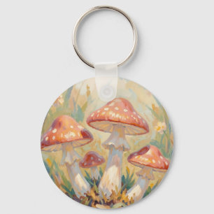 Whimsical Red Mushrooms Meadow Painting Key Ring