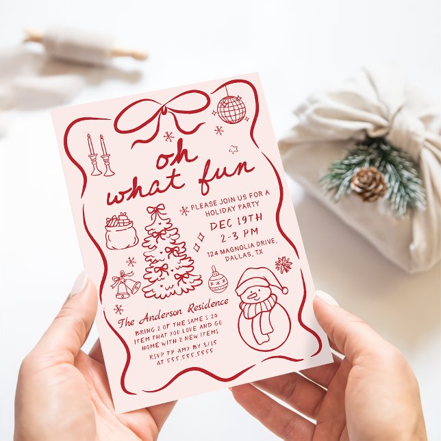 Whimsical Red Oh What Fun Christmas Party Invitation (Creator Uploaded)