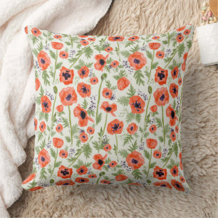 Whimsical Red Orange Poppies Flowers Pattern Art Cushion