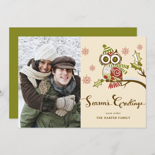 Whimsical Red Owl and Snowflakes Holiday Photo (Front/Back)