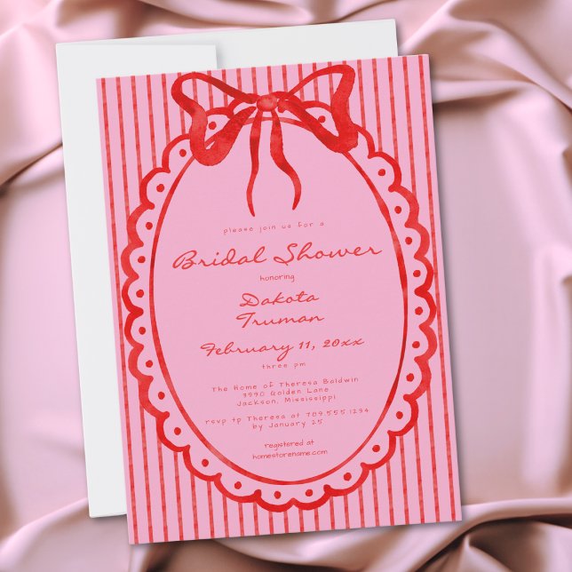 Whimsical Red Pink Bow Stripe Bridal Shower Invitation (Whimsical Red Pink Bow Stripe Bridal Shower Invitation)