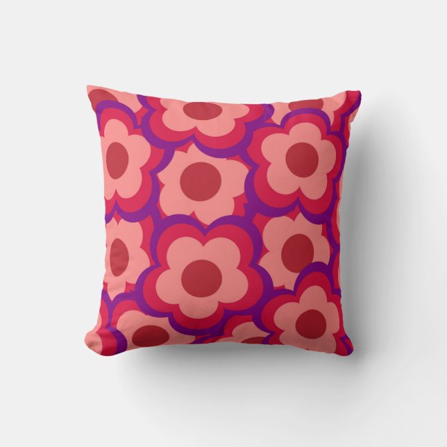 Whimsical Red & Pink Floral Retro, Bold Preppy Cushion (Front)