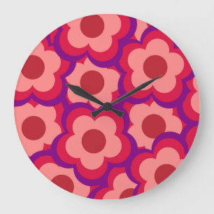 Whimsical Red & Pink Floral Retro, Bold Preppy Large Clock