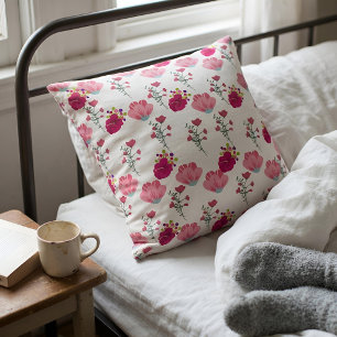 Whimsical Red Pink Hibiscus Floral Cottagecore Cushion