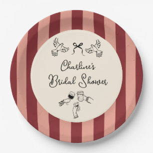 Whimsical Red Pink Striped Scribble Bridal Shower Paper Plate