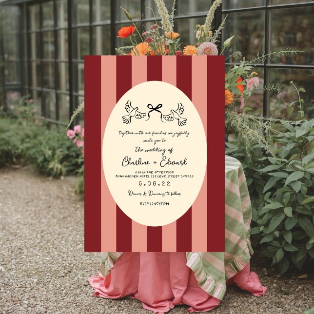 Whimsical Red Pink Striped Scribble  Wedding  Invitation (Creator Uploaded)