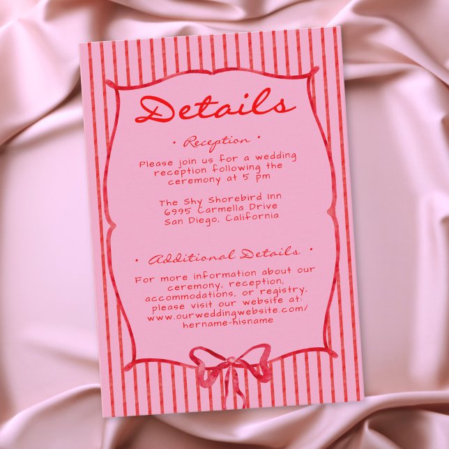 Whimsical Red Pink Watercolor Bow Stripe Wedding Enclosure Card (Whimsical Red Pink Watercolor Bow Stripe Wedding Enclosure Card)