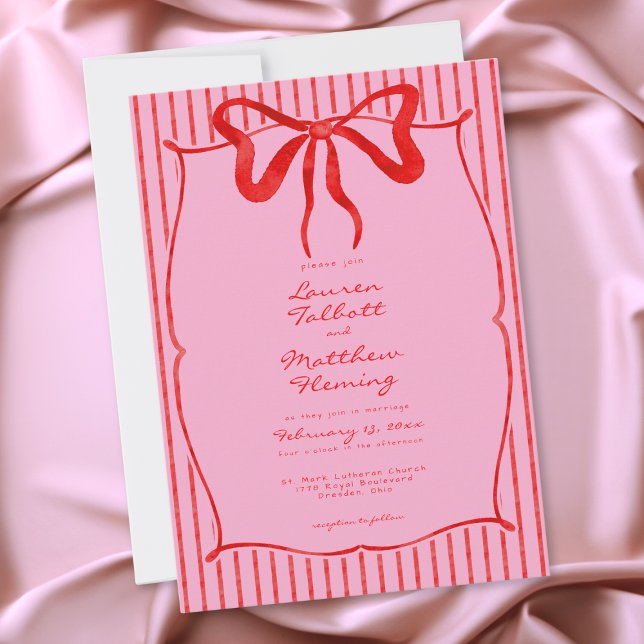 Whimsical Red Pink Watercolor Bow Stripe Wedding Invitation (Whimsical Red Pink Watercolor Bow Stripe Wedding Invitation)