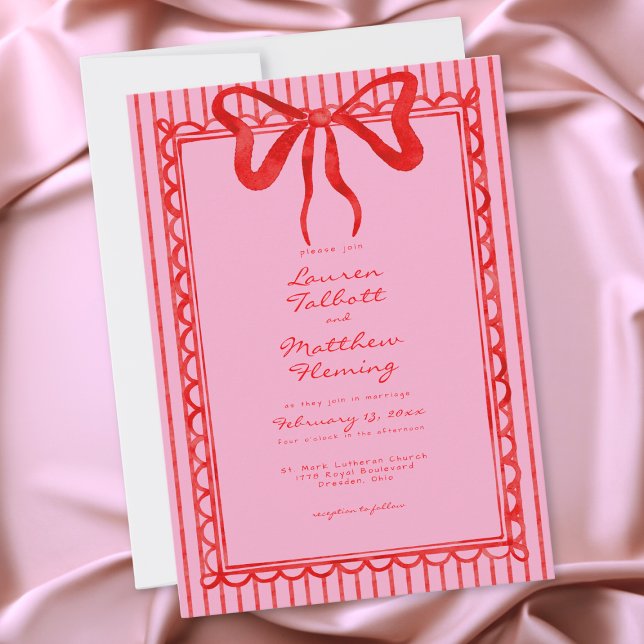 Whimsical Red Pink Watercolor Bow Stripe Wedding Invitation (Whimsical Red Pink Watercolor Bow Stripe Wedding Invitation)