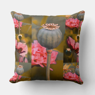 Whimsical Red Poppy Flower and Seed Pods Pattern Cushion