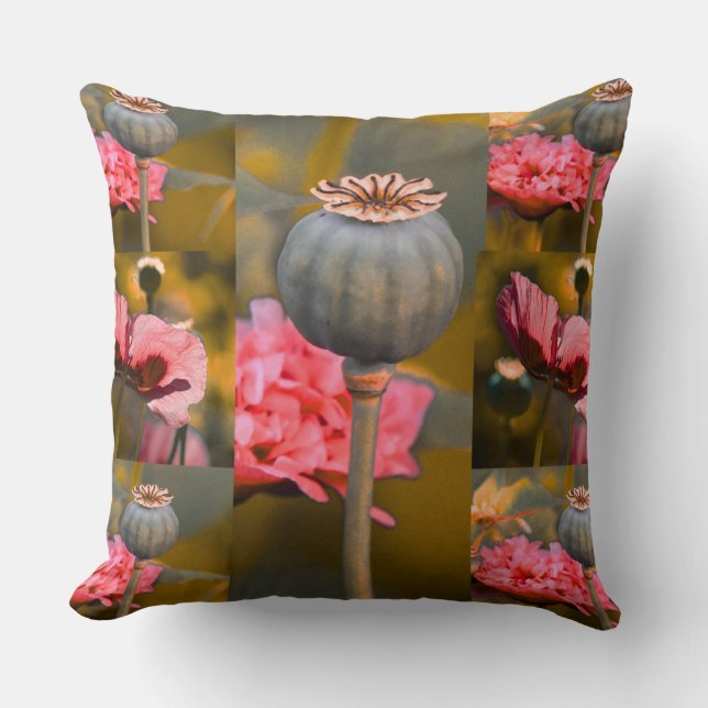 Whimsical Red Poppy Flower and Seed Pods Pattern Cushion (Front)