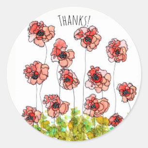 Whimsical Red Poppy Flowers Thank You Sticker