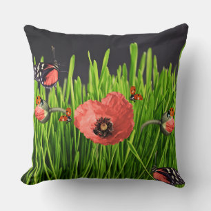 Whimsical Red Poppy Meadow Wildlife Pattern Cushion