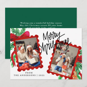 Whimsical Red Postage Stamp 2 Photo Christmas Holiday Card