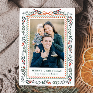 Whimsical Red Ribbon and Greenery 2 Photo Holiday Card