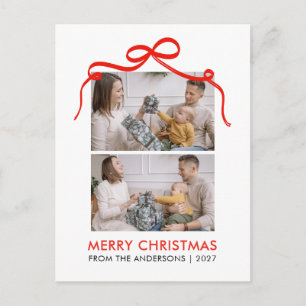 Whimsical Red Ribbon Arch Merry Christmas 2 Photo Holiday Postcard