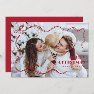 Whimsical Red Ribbon Family Photo Merry Christmas Holiday Card